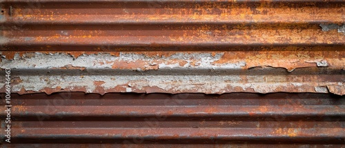 A rusted corrugated metal surface showcasing layers of peeling paint and weathered texture.