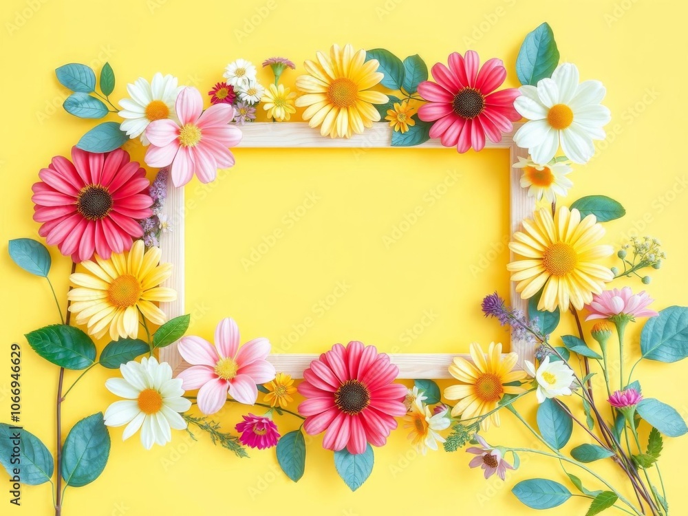 Summer themed mockup photo frame featuring colorful flowers and leaves on a vibrant yellow background, botanical, summer, seasonal Summer themed mockup photo frame featuring colorful flowers and leaves on a vibrant yellow background, botanical, summer, seasonal