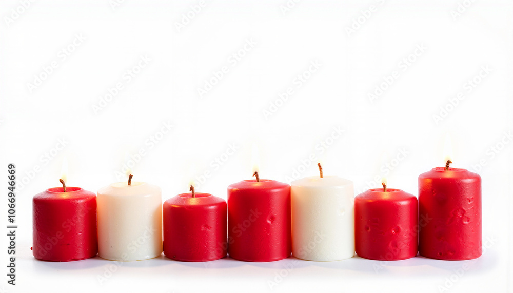 Red and white pillar candles lined up on minimalist background Red and white pillar candles lined up on minimalist background