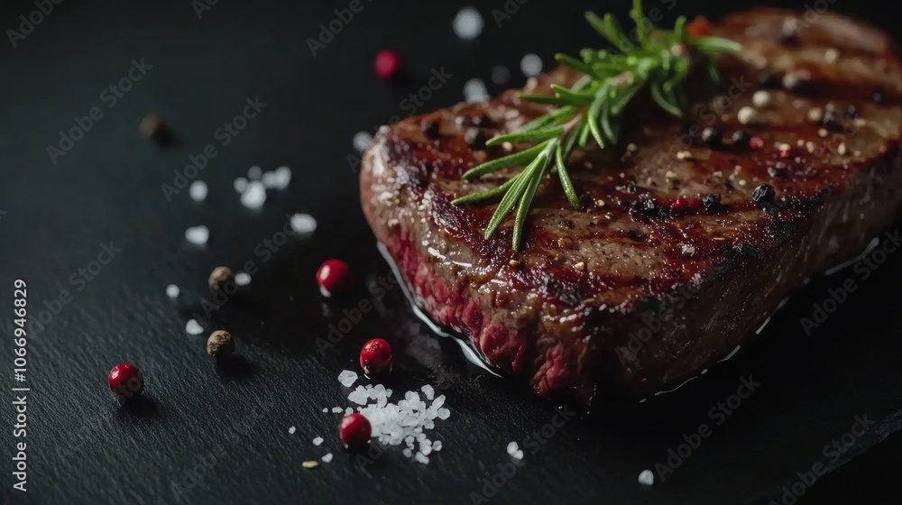 Grilled beef steak with rosemary and spices on black background Grilled beef steak with rosemary and spices on black background