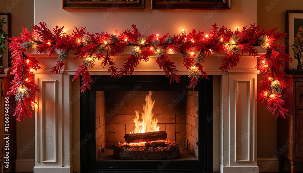 Fireplace decorated with red garland and lights for Christmas Fireplace decorated with red garland and lights for Christmas