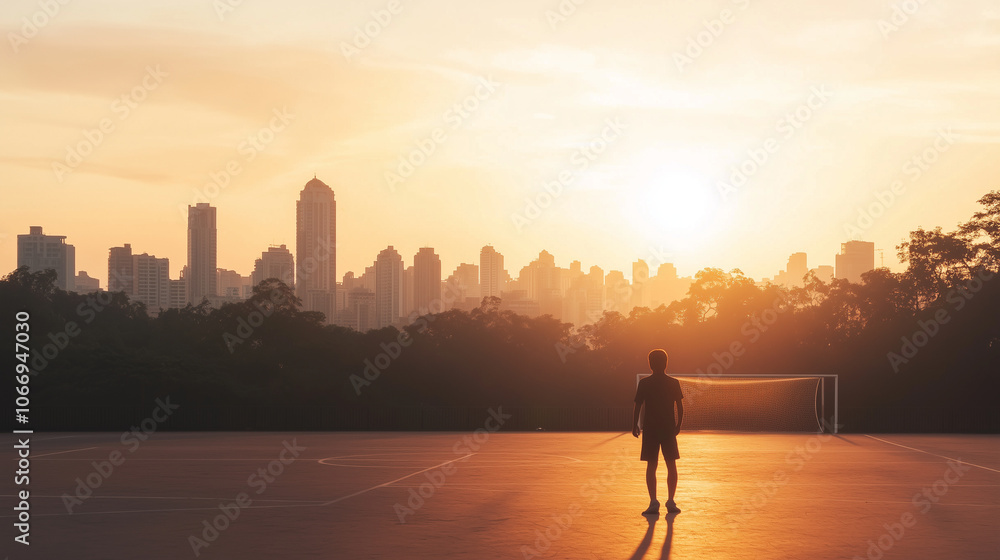 Young Soccer Player Practicing at Sunset with City Skyline Background Young Soccer Player Practicing at Sunset with City Skyline Background