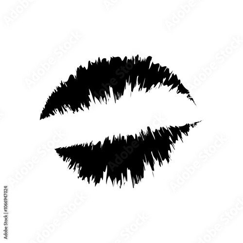 Lips and kiss. Black outlines. Symbol of romance. Passionate lines.