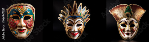 Three colorful carnival masks isolated on a black background.