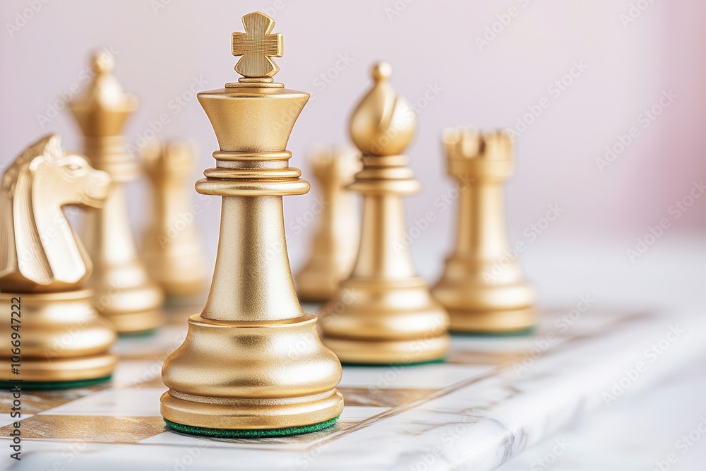 Elegant golden chess pieces arranged on a marble chessboard, symbolizing strategy, leadership, and luxury in a soft pink background. Elegant golden chess pieces arranged on a marble chessboard, symbolizing strategy, leadership, and luxury in a soft pink background.