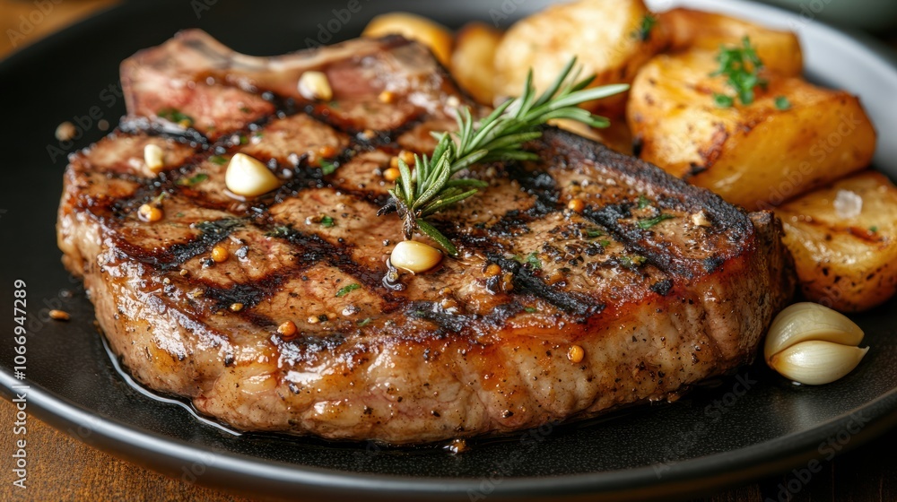 Close-up of a Grilled Steak with Rosemary and Garlic Close-up of a Grilled Steak with Rosemary and Garlic