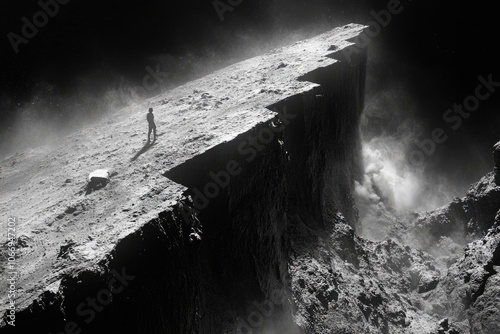 Solitary figure on dramatic cliff edge in monochrome landscape photo