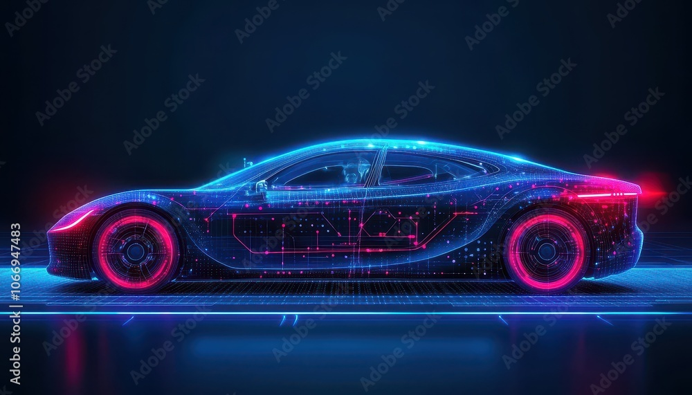 Self-driving electric car changing lanes on a futuristic road at night Self-driving electric car changing lanes on a futuristic road at night