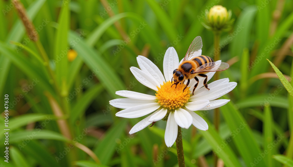 Honeybee on Daisy Flower in Grass