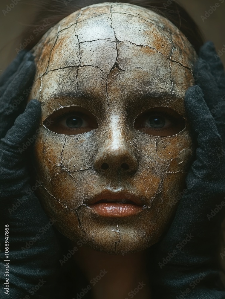 Fototapeta premium Mysterious cracked mask held by gloved hands: an exploration of identity and emotion