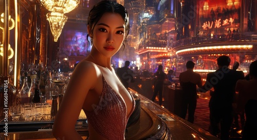 A beautiful woman wearing an elegant dress, standing in the bar of the luxury hotel with dim lighting and people around her