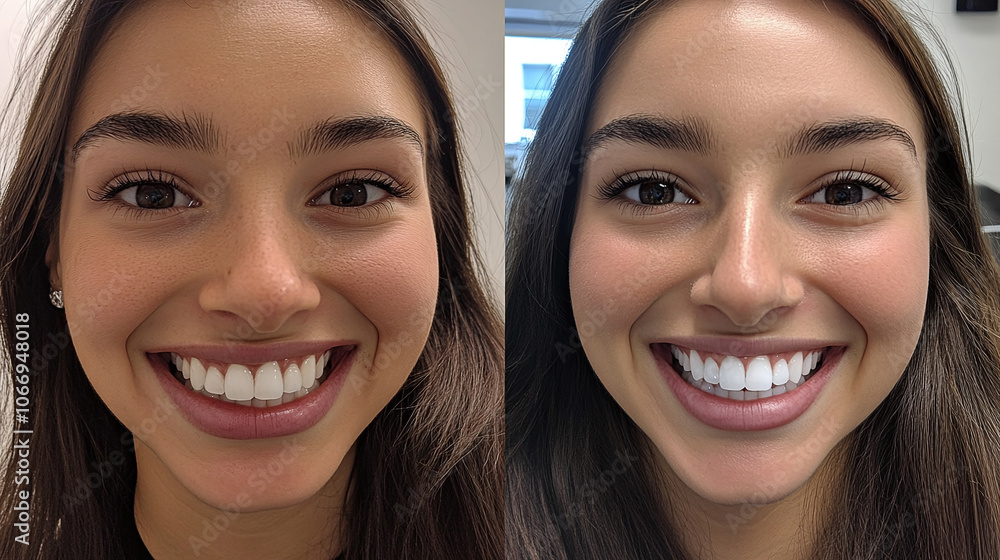Woman smiling showing teeth whitening before and after treatment Woman smiling showing teeth whitening before and after treatment