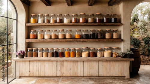 Wallpaper Mural A modern kitchen store display in neutral palette featuring glass jars containing various ingredients displayed on open shelves. Torontodigital.ca