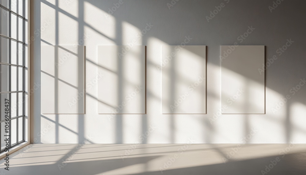 Minimalistic mock-up of four blank posters in a well-lit interior space Minimalistic mock-up of four blank posters in a well-lit interior space