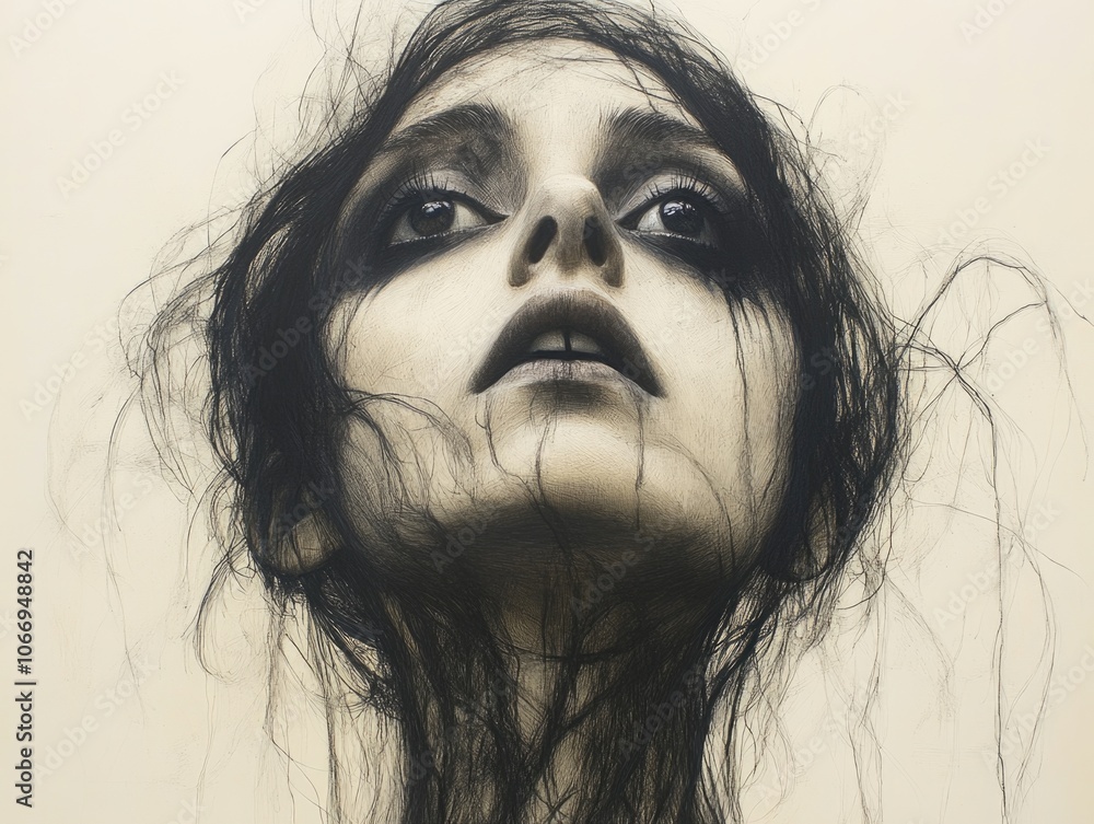 Dark surreal portrait of woman with intense gaze and abstract hair Dark surreal portrait of woman with intense gaze and abstract hair