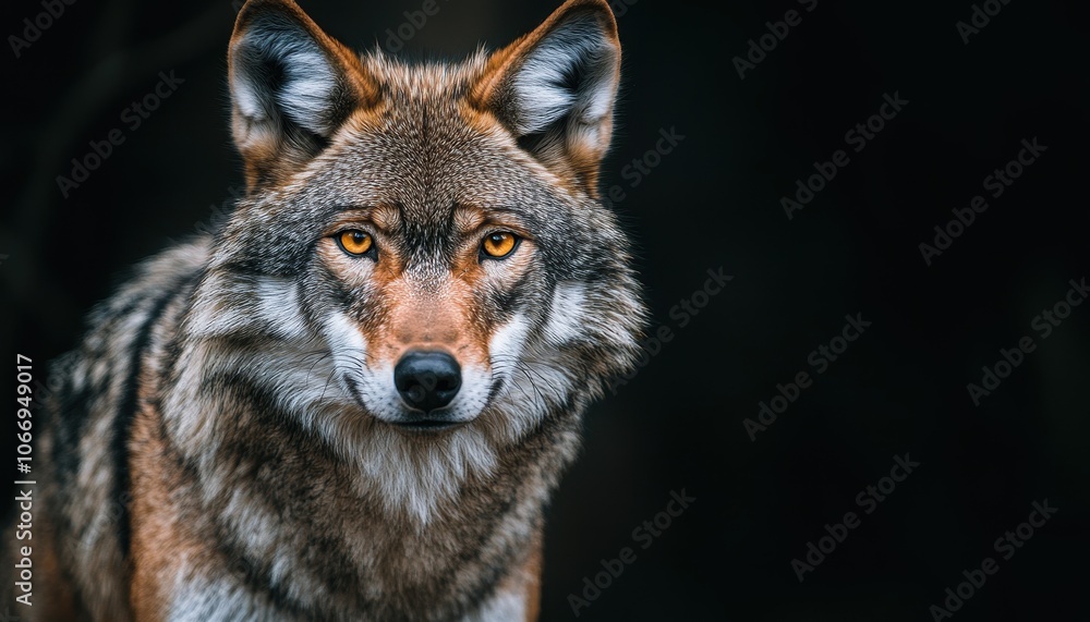 Stunning wolf with piercing yellow eyes against a dark backdrop at night Stunning wolf with piercing yellow eyes against a dark backdrop at night