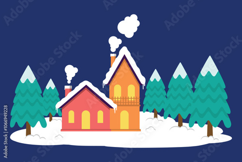 Cute Home Or Residence With Warm Light Surrounded By Snow And Pine Trees In Christmas Season