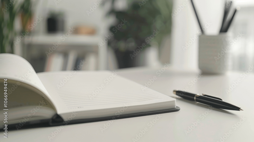 Open planner with pen on minimalist white desk in bright home office Open planner with pen on minimalist white desk in bright home office