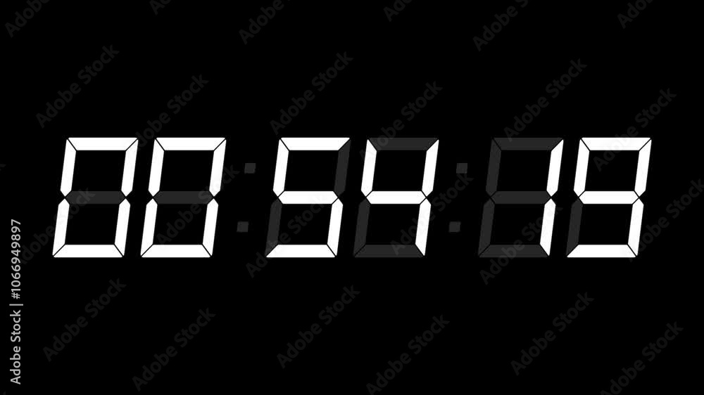 Animation countdown timer One minute. Glowing led electronic white digits on black background with alpha channel. Animation countdown timer One minute. Glowing led electronic white digits on black background with alpha channel.