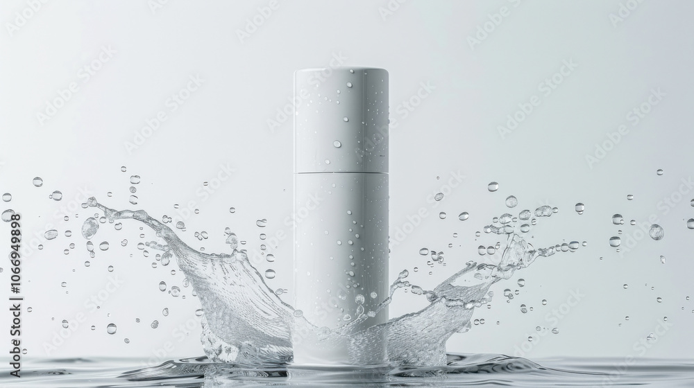 Minimalist cosmetic bottle with water splash on light background Minimalist cosmetic bottle with water splash on light background