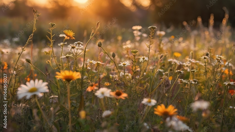 Vertical composition of wildflowers at sunset with warm natural lighting Vertical composition of wildflowers at sunset with warm natural lighting
