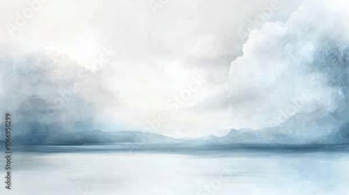 A painting of a cloudy sky with mountains in the background