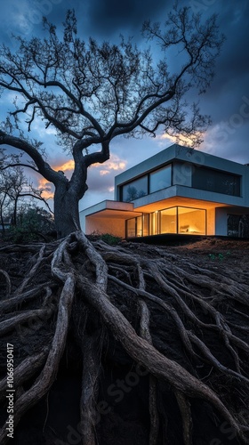 Modern house under a majestic tree with exposed roots at dusk