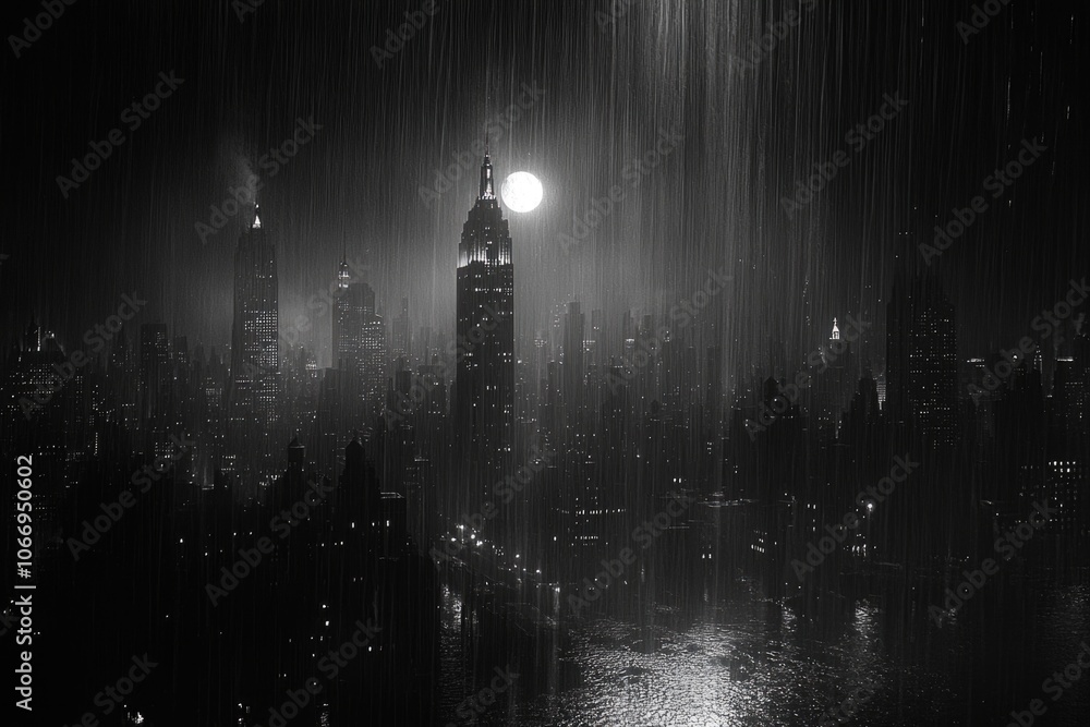 Mystical night cityscape under rain with full moon in black and white Mystical night cityscape under rain with full moon in black and white