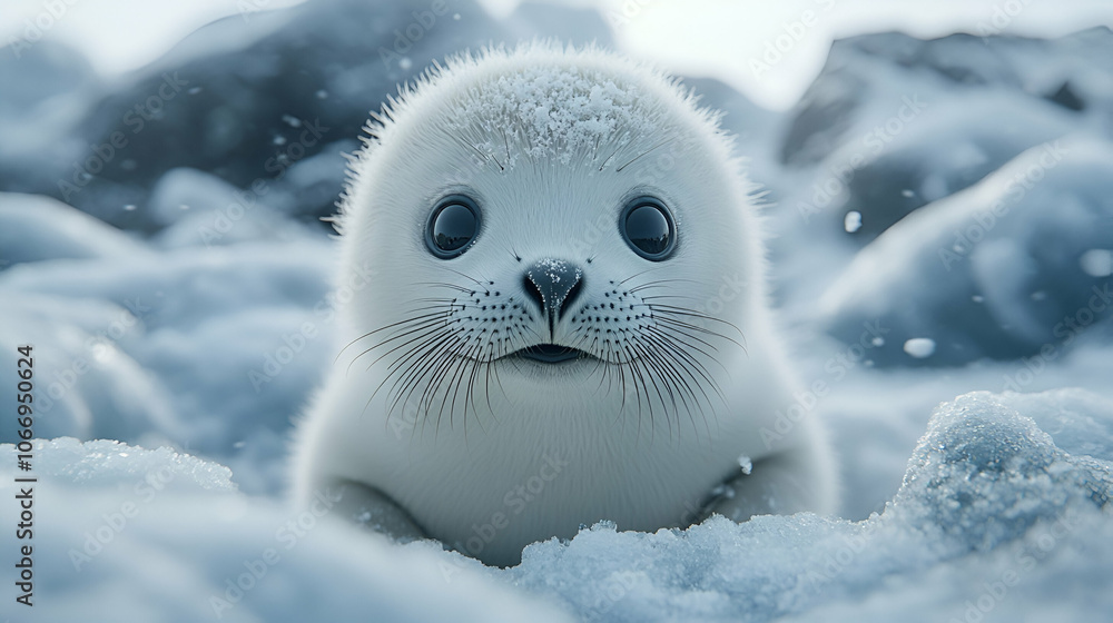 Obraz premium A fluffy seal pup gazes curiously from a snowy landscape, surrounded by soft flakes and icy surroundings.