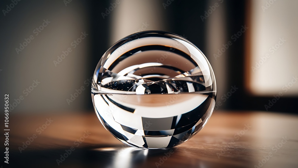 A crystal ball sits on a wooden table, reflecting the surrounding environment, creating abstract patterns and shapes. A crystal ball sits on a wooden table, reflecting the surrounding environment, creating abstract patterns and shapes.