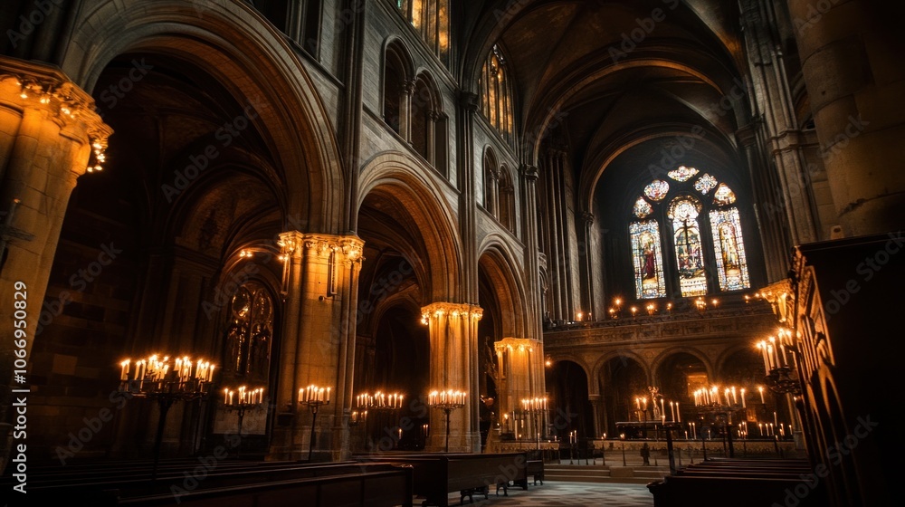 Fototapeta premium A majestic cathedral interior with grand arches and candles,