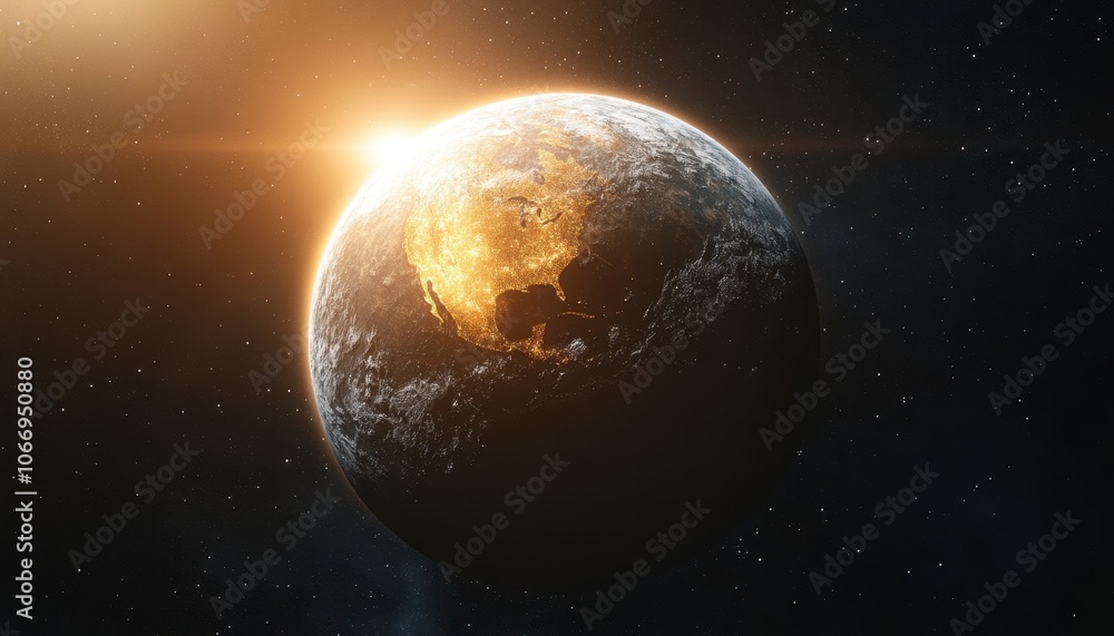 A stunning view of Earth enveloped in chaos beneath a starry sky at sunrise A stunning view of Earth enveloped in chaos beneath a starry sky at sunrise