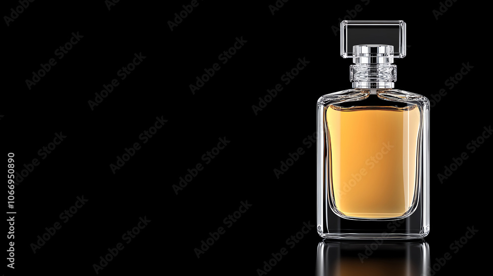 Perfume bottle on black background with reflection, showcasing elegance and luxury. Perfume bottle on black background with reflection, showcasing elegance and luxury.