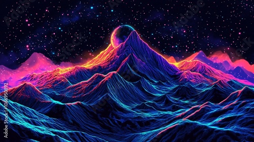 A vibrant, neon-colored mountain range under a starry sky with a glowing planet. photo