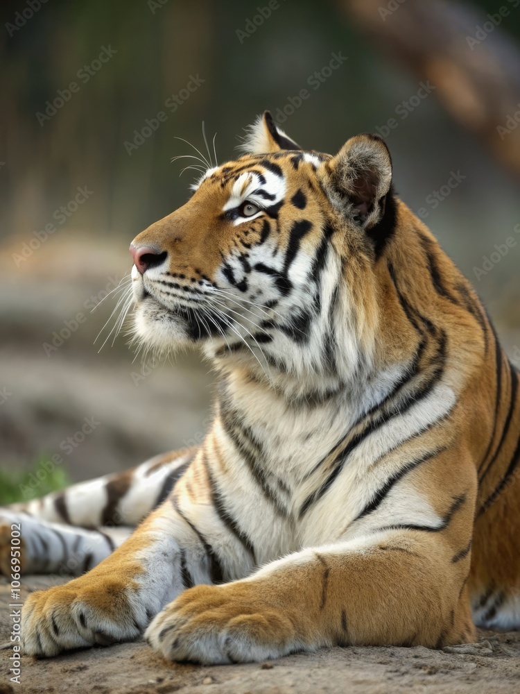 Bengal tiger resting peacefully in a serene natural habitat at sunset. Generative AI Bengal tiger resting peacefully in a serene natural habitat at sunset. Generative AI