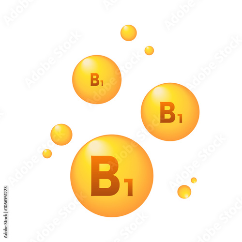 vitamin B1. Medicinal capsule, golden substance. Molecule. Vector illustration