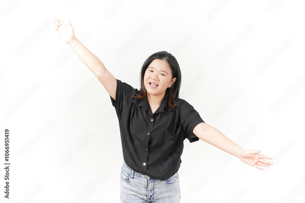 beautiful Asian woman extends both arms wide, in a warm, welcoming gesture as if ready to hug, on a white background beautiful Asian woman extends both arms wide, in a warm, welcoming gesture as if ready to hug, on a white background