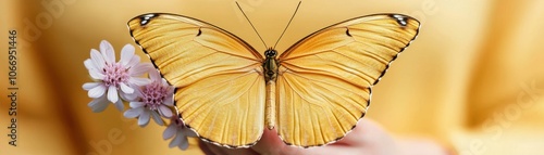 Close-up of a beautiful golden butterfly with open wings perched on a pink flower, symbolizing nature's beauty and transformation. photo