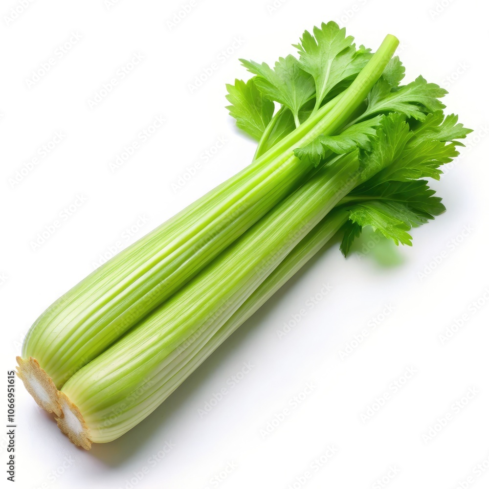 Fresh celery bunch on a clean white background captured in natural light. Generative AI Fresh celery bunch on a clean white background captured in natural light. Generative AI