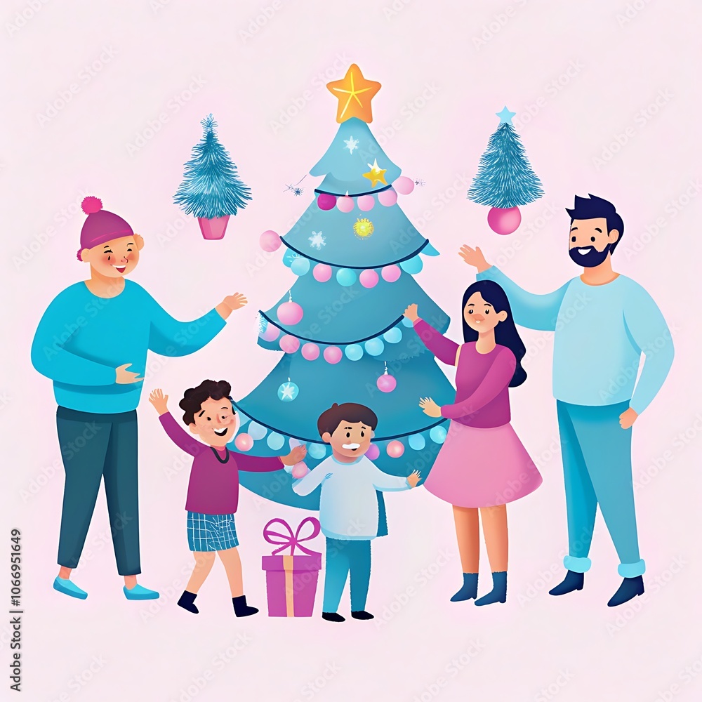 Festive Family Gathering Around Christmas Tree with Decorations and Gifts Festive Family Gathering Around Christmas Tree with Decorations and Gifts