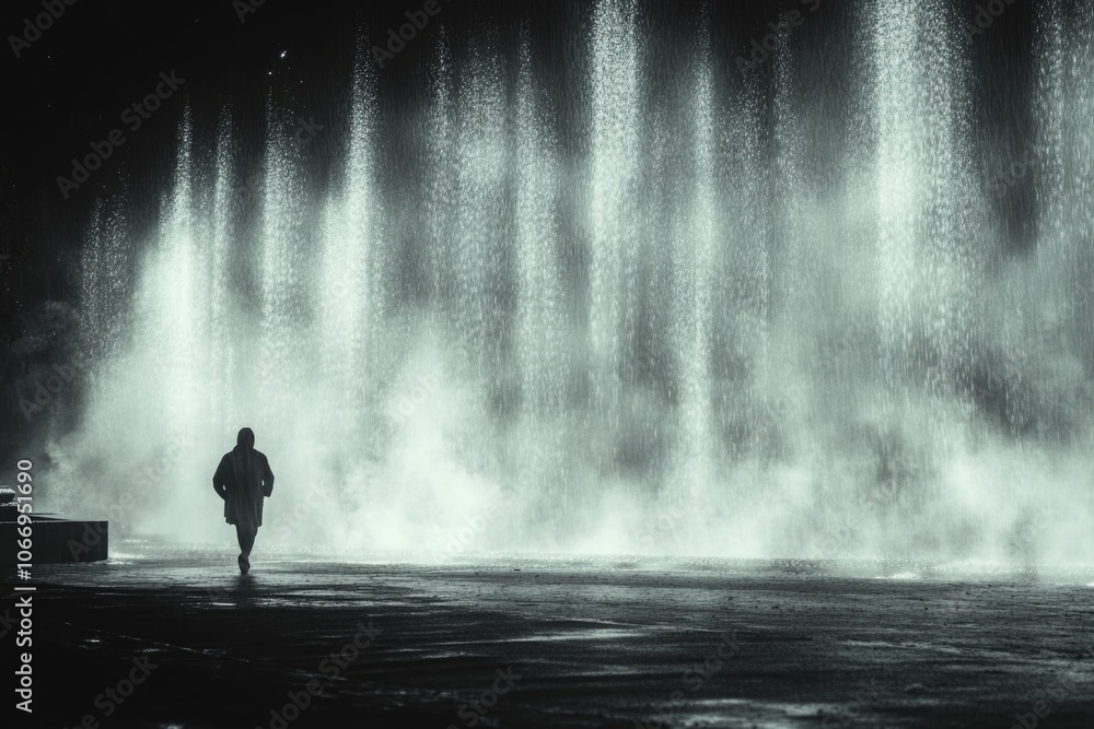 Obraz premium Solitary figure walking by dramatic fountain at night in black and white