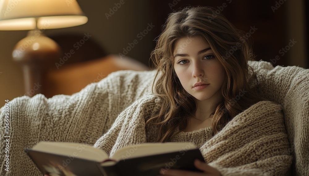 Young woman reading a book on a cozy couch with warm lamp light in the evening Young woman reading a book on a cozy couch with warm lamp light in the evening