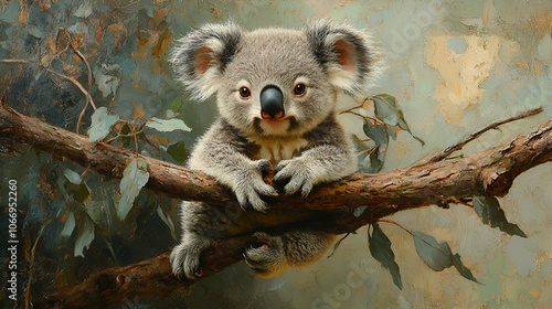 A cute koala clings to a branch, surrounded by leaves, with a soft expression and fluffy ears, capturing a whimsical and serene natural moment. photo