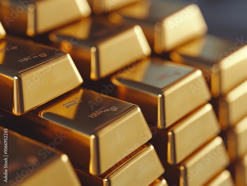 Close-up image of stacked gold bars with a polished finish, symbolizing wealth, investment, and financial security in the global market.