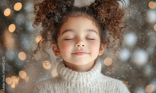 Young girl with closed eyes, enjoying festive lights around her.