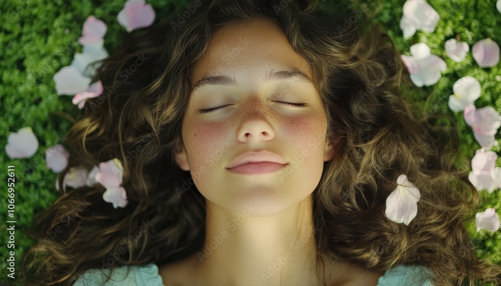 Woman lying on grassy ground with flower petals gently surrounding her face Woman lying on grassy ground with flower petals gently surrounding her face