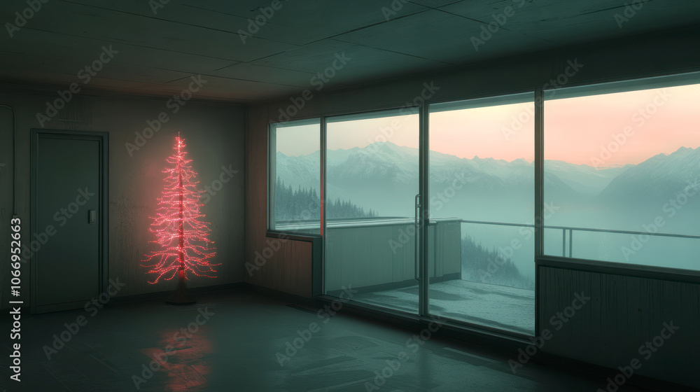 Modern room with Christmas tree and snowy mountain view Modern room with Christmas tree and snowy mountain view