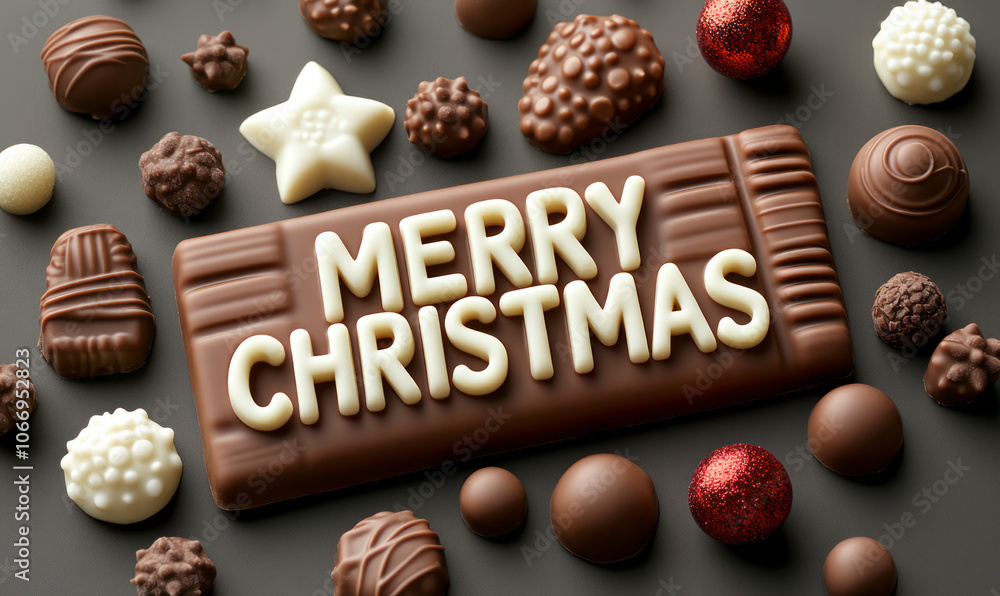 Assorted Christmas chocolates with a 'Merry Christmas' message Assorted Christmas chocolates with a 'Merry Christmas' message