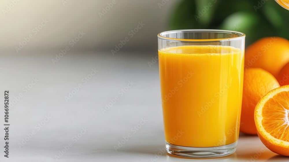 A refreshing glass of orange juice sits beside whole oranges, showcasing vibrant colors and a healthy beverage option. A refreshing glass of orange juice sits beside whole oranges, showcasing vibrant colors and a healthy beverage option.