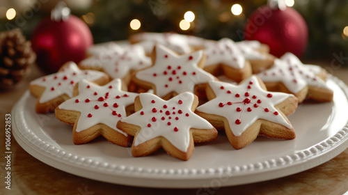 Plate of star-shaped Christmas cookies on a festive background